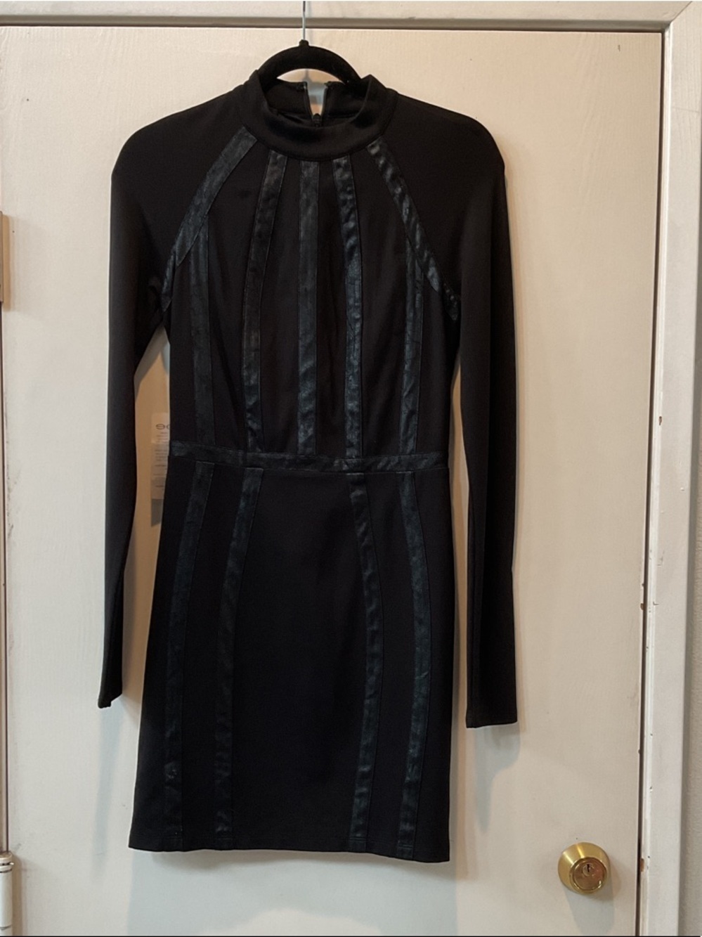 bebe Black Long-Sleeve Mock Neck Mini Dress with Satin Panels